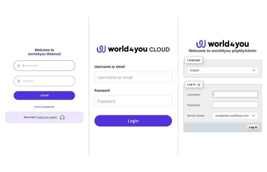 world4you webmail, cloud storage and phpMyAdmin sign-in screens side by side